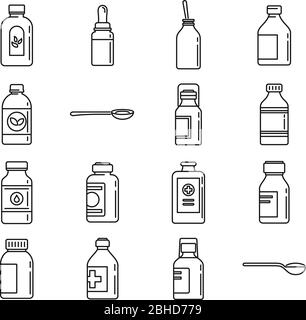 Jeu d'icônes de flacon de sirop pour toux. Ensemble de contours d'icônes vectorielles de bouteilles de sirop contre la toux pour la conception de sites Web isolés sur fond blanc Illustration de Vecteur