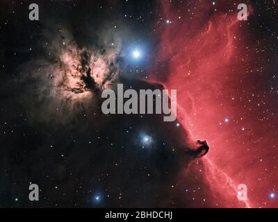 La nébuleuse de flamme (NGC 2024) et la nébuleuse de la tête de cheval (B33 contre IC 434) sont de belles émissions et nébuleuses sombres dans la constellation d'Orion Banque D'Images