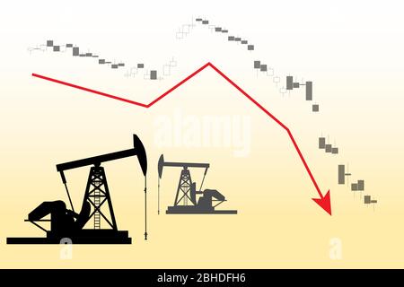 Illustration vectorielle de crise pétrolière avec des silhouettes derrick et une courbe de baisse du marché boursier Illustration de Vecteur