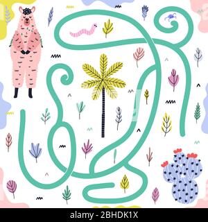 Aidez le lama à trouver le chemin vers le cactus. Jeu de labyrinthe pour les enfants avec mignonne lama Illustration de Vecteur