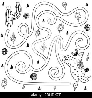 Aidez llama à trouver le chemin vers le cactus. Jeu de labyrinthe noir et blanc Illustration de Vecteur