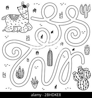 Aidez le lama à trouver le chemin vers le cactus. Jeu de labyrinthe noir et blanc pour les enfants Illustration de Vecteur