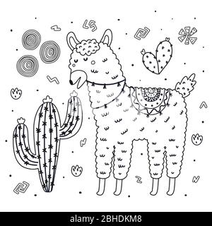 Page de coloriage avec mignonne lama mangeant un cactus. Fond noir et blanc Illustration de Vecteur