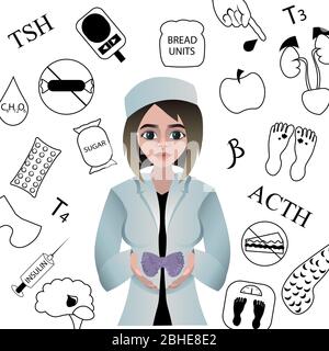 Le médecin tient la glande thyroïde dans ses mains. Examen endocrinologique. Traitement du diabète, de l'hypothyroïdie et du goitre toxique. Affiche médicale. Illustration de Vecteur