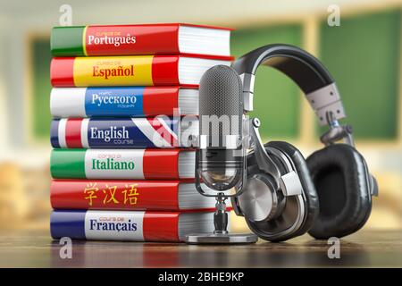 Langues d'apprentissage en ligne. Dictionnaire de différentes langues avec casque et microphone. illustration tridimensionnelle Banque D'Images