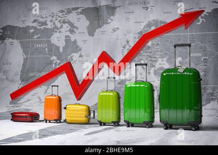 Croissance de l'industrie du tourisme et des voyages. Graphique et diagramme des valises sur la carte du monde. illustration tridimensionnelle Banque D'Images