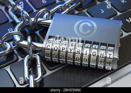 Texte de copyright sur le cadenas de code sur le clavier de l'ordinateur. Concept de protection de la propriété intellectuelle. illustration tridimensionnelle Banque D'Images