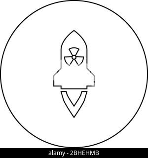 Missile atomique volant armes de missile nucléaire bombe radioactive icône du concept militaire dans le cercle autour du contour noir illustration vectorielle plate Illustration de Vecteur