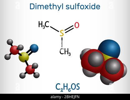 Sulfoxyde de diméthyle, DMSO, molécule de Ca-6. Il s'agit d'un composé organosulfuré, solvant aprotique polaire. Formule chimique structurelle et modèle de molécule. Vect Illustration de Vecteur