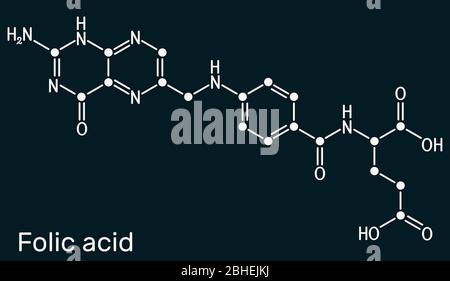 Acide folique, molécule de folate. Il est connu sous le nom de vitamine B9. Formule chimique du squelette sur fond bleu foncé. Illustration Banque D'Images