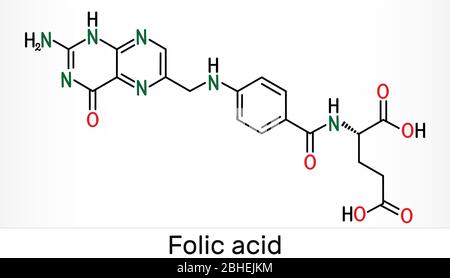 Acide folique, molécule de folate. Il est connu sous le nom de vitamine B9. Formule chimique du squelette. Illustration Banque D'Images