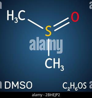 Sulfoxyde de diméthyle, DMSO, molécule de Ca-6. Il s'agit d'un composé organosulfuré, solvant aprotique polaire. Formule chimique structurelle sur le dos bleu foncé Illustration de Vecteur