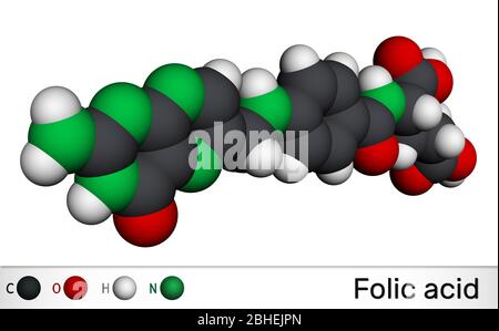 Acide folique, molécule de folate. Il est connu sous le nom de vitamine B9. Modèle moléculaire. Rendu 3D Banque D'Images