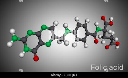 Acide folique, molécule de folate. Il est connu sous le nom de vitamine B9. Modèle moléculaire. Rendu 3D Banque D'Images