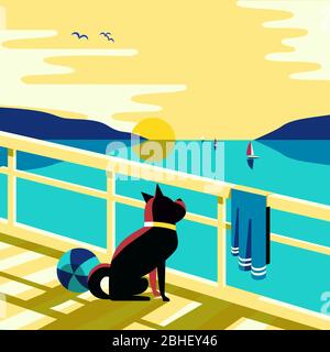 Affiche vectorielle couleur marine plate. Vue panoramique sur la mer bleue. Chien attendant yacht voile sur l'eau bleue. Dessin animé à la main de style rétro. Vacances en bord de mer Illustration de Vecteur