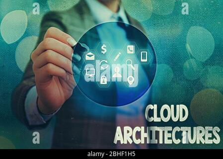 Note d'écriture montrant les architectures Cloud. Concept d'entreprise pour diverses applications Engineered Databases Softwares Banque D'Images