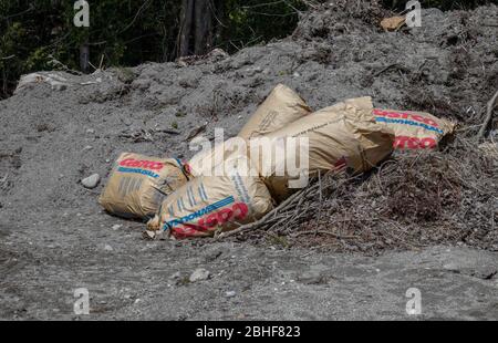 Grands sacs en papier (d'une marque connue) jetés dans la nature, sans aucun respect pour la réglementation de la ville. Banque D'Images