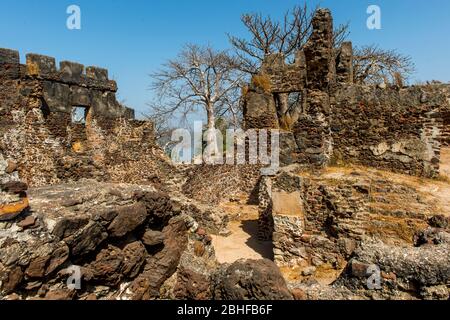 Ruines de fort Bullen (1826) et arbres baobab sur l'île James site classé au patrimoine mondial de l'UNESCO. L'île est située à environ 30 km de l'embouchure de la GA Banque D'Images