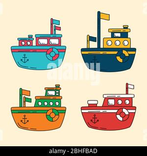 Une collection de symboles représentant une icône représentant une bande dessinée sur un bateau plat et un motif coloré. Symbole de transport de bateau marin. Illustration vectorielle EPS.8 EPS.10 Illustration de Vecteur