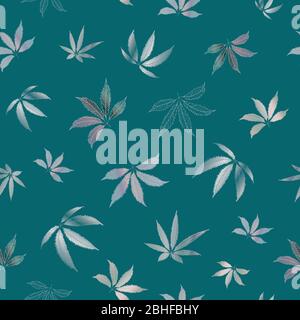 Le cannabis laisse un fond vectoriel transparent. Toile de fond de feuilles de chanvre bleu sarcelle dessinée à la main. Motif botanique monochrome de marijuana. Partout Illustration de Vecteur
