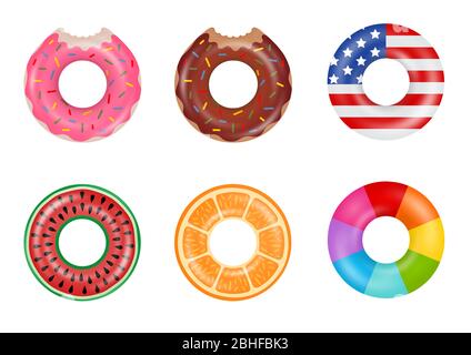 Jeu de bagues de natation colorées. Beignet gonflable, drapeau américain, pastèque, orange et arc-en-ciel. Jouets flottants en caoutchouc. Banque D'Images
