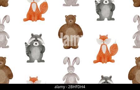 Motif de dessin animé avec des animaux de bois aquarelle. Joli lapin, peluche, renard et raton laveur pour les enfants ou les bébés. Banque D'Images
