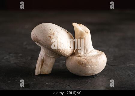 Deux champignons chamignon nourriture saine sur fond noir foncé texturé, macro Banque D'Images