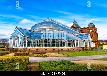 Extérieur du palais du peuple et du bâtiment Winter Gardens abritant des plantes exotiques, Glasgow, Écosse, Royaume-Uni Banque D'Images