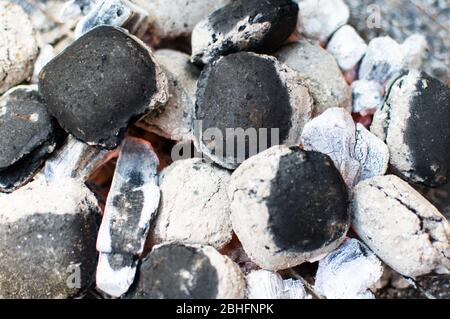 Briquettes de bois en morceaux brûlant dans un petit foyer de barbecue Banque D'Images