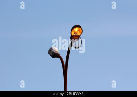 Travaux de réparation sur une ancienne lampe double de rue haute avec protection en verre ouvert et ampoule de style ancien jaune foncé allumée à l'intérieur montée sur un poteau métallique solide Banque D'Images