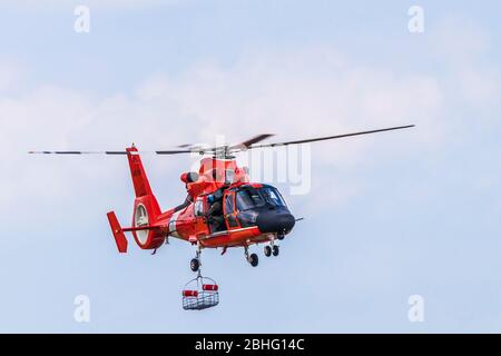 Hélicoptère Dolphin MH-65 DE la Garde côtière AMÉRICAINE présentant des procédures de sauvetage à 2019 Wings over Houston au Ellington Field à Houston, Texas. Banque D'Images