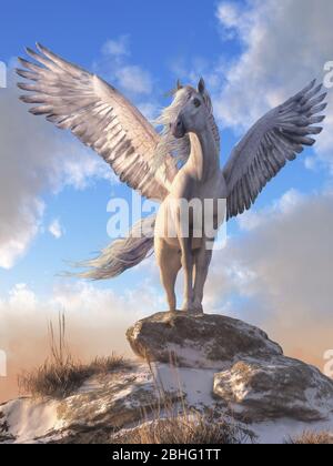 Pegasus, le cheval blanc avec des ailes de la mythologie grecque se dresse au sommet d'une colline couverte de roche, ses ailes blanches à plumes s'étendent large. Rendu 3D Banque D'Images