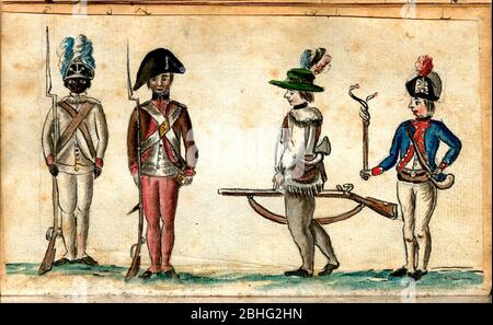 Soldats américains au siège de Yorktown, par Jean-Baptiste-Antoine DeVerger, aquarelle, 1781. Y compris un soldat africain américain Banque D'Images