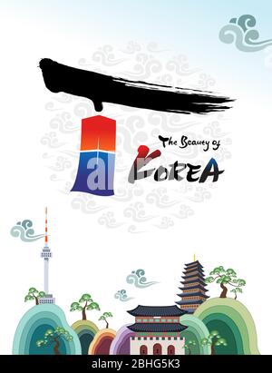 La belle de Corée. Bienvenue en Corée du Sud voyage et site touristique, Namsan Tower and Palace, Corée. Illustration de Vecteur