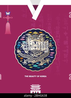 Belle Corée. Palais Gwanghwamun traditionnel, robe royale Joseon, illustration vectorielle de dragon. Hunminjeongum, traduction coréenne. Illustration de Vecteur