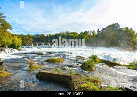 Des rapides blancs puissants du Rhin aux chutes du Rhin, la célèbre et la plus grande cascade d'Europe située à Schaffhausen, en Suisse Banque D'Images