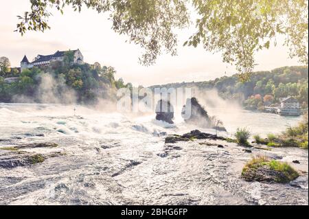 Des rapides blancs puissants du Rhin aux chutes du Rhin, la célèbre et la plus grande cascade d'Europe située à Schaffhausen, en Suisse Banque D'Images