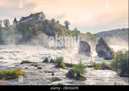 Des rapides blancs puissants du Rhin aux chutes du Rhin, la célèbre et la plus grande cascade d'Europe située à Schaffhausen, en Suisse Banque D'Images