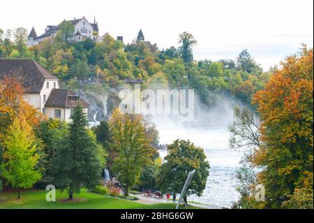 Des rapides blancs puissants du Rhin aux chutes du Rhin, la célèbre et la plus grande cascade d'Europe située à Schaffhausen, en Suisse Banque D'Images