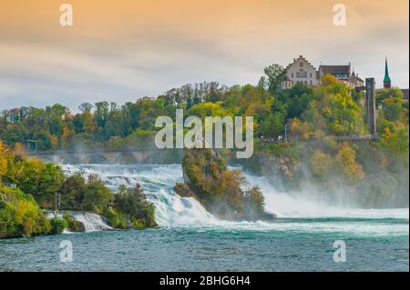 Des rapides blancs puissants du Rhin aux chutes du Rhin, la célèbre et la plus grande cascade d'Europe située à Schaffhausen, en Suisse Banque D'Images