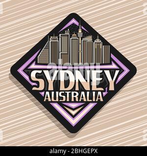 Logo vectoriel pour Sydney, panneau de signalisation décoratif noir avec illustration de la ville contemporaine de sydney sur fond de ciel crépuscule, design réfrigérateur magn Illustration de Vecteur