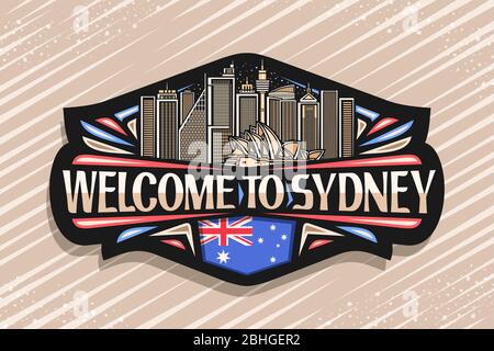 Logo vectoriel pour Sydney, signalisation décorative noire avec illustration de la ville moderne de sydney sur fond de ciel crépuscule, réfrigérateur touristique design magn Illustration de Vecteur