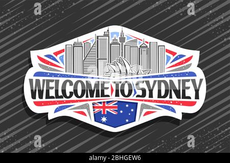 Logo vectoriel pour Sydney, autocollant décoratif blanc avec illustration du paysage contemporain de la ville de sydney sur fond ciel de jour, aimant de réfrigérateur touristique avec Illustration de Vecteur