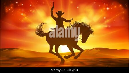 Cowboy Riding Horse Silhouette fond Coucher de soleil Illustration de Vecteur