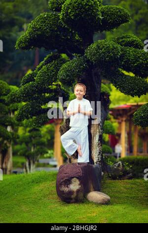 joli petit garçon de bébé, méditant pour les enfants, debout sur la pierre près de l'arbre bonsai Banque D'Images