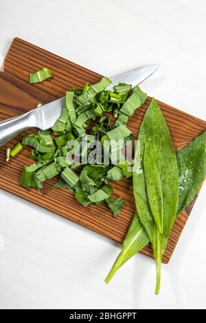 Feuilles d'Allium ursinum, appelées ail sauvage, ramsons, buckrams, ail à feuilles larges, ail en bois, poireau d'ours ou ail d'ours coupé sur la truite naturelle brune Banque D'Images