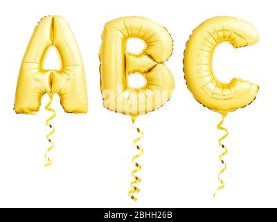 Lettres d'or ABC fait de ballons gonflables avec rubans isolés sur blanc Banque D'Images