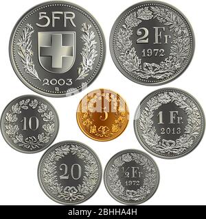 Ensemble de francs suisses argent, pièce officielle en Suisse, face inversée avec les armoiries fédérales, valeur, année, branches de plantes Illustration de Vecteur