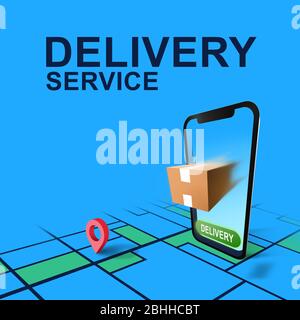 Package sortant du téléphone mobile et du service de LIVRAISON de mots Banque D'Images