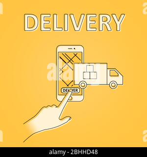 Livraison en ligne. Illustration avec chariot sortant du téléphone mobile et bouton-poussoir à la main, fond orange Banque D'Images